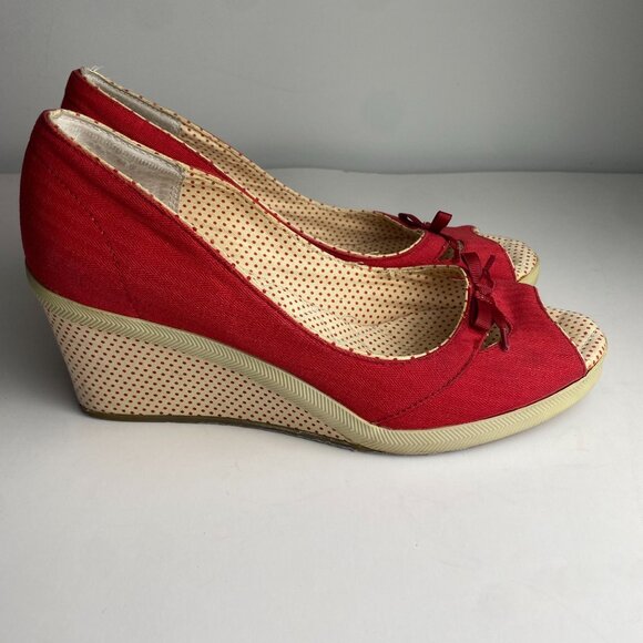Keds Red Peep Toe Wedges with Bow - Picture 2 of 7
